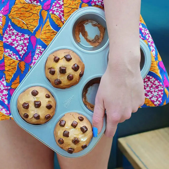 food-shaped purses tray of chocolate muffins