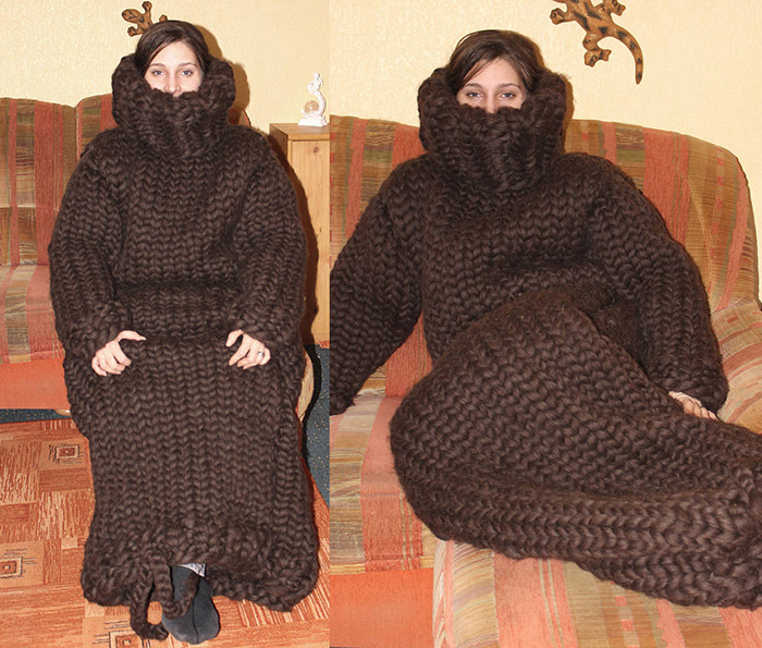 half obscured face knitted adult onesie brown