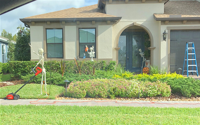 halloween skeletons mowing the lawn