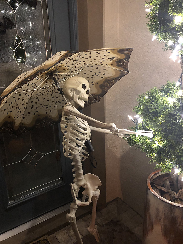 halloween skeletons setting up christmas lights