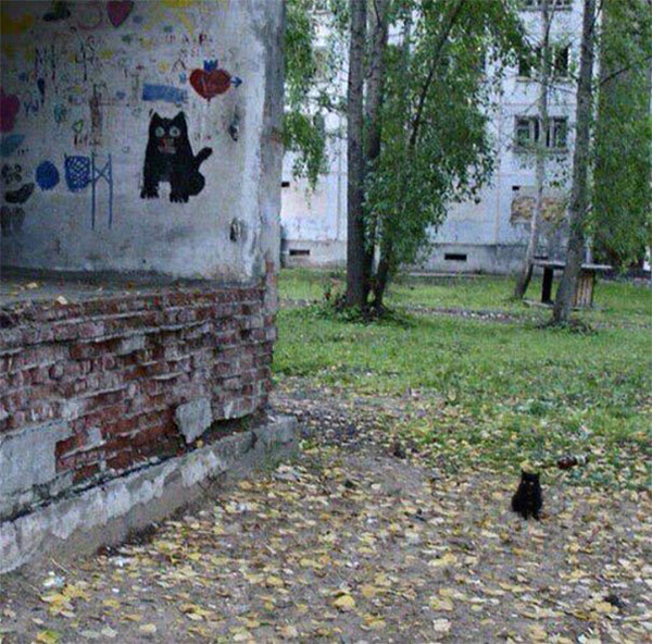 life imitated art black cat street art next to a real life black kitten