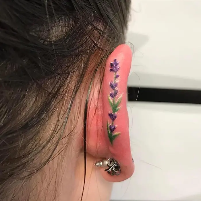 purple floral helix ear tattoo