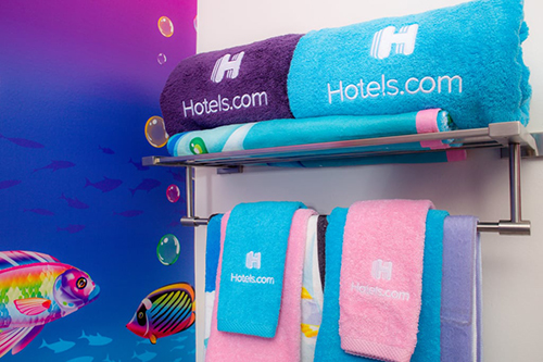 towels at Lisa Frank-themed Hotel Room