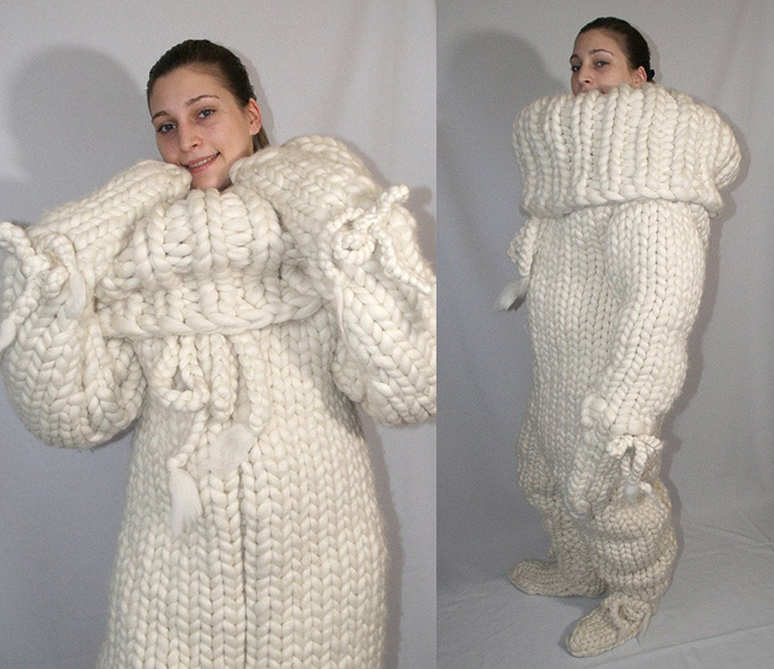 white knitted adult onesie