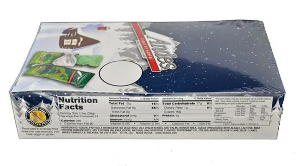 Back of the box of 24 Andes Creme de Menthe Christmas Trees