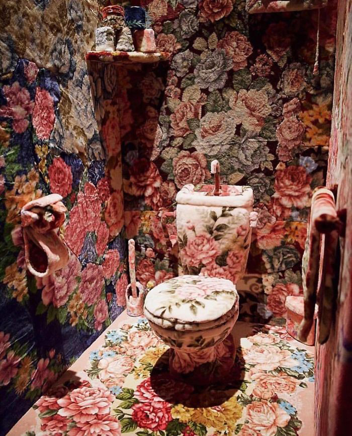 Bathroom Covered in Floral Carpet