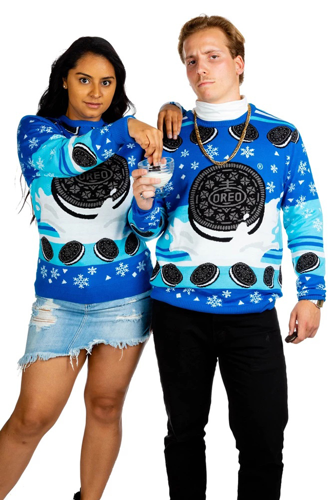 Couple in Oreo Ugly Christmas Sweater