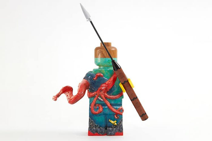 Customized LEGO Minifigure Painted with an Under the Sea Sceneray Featuing a Shark and a Squid