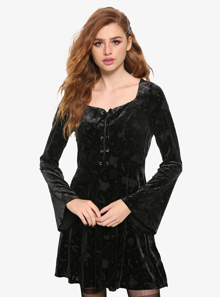 Hocus Pocus Clothing Collection Black Velvet Sleeve Dress front