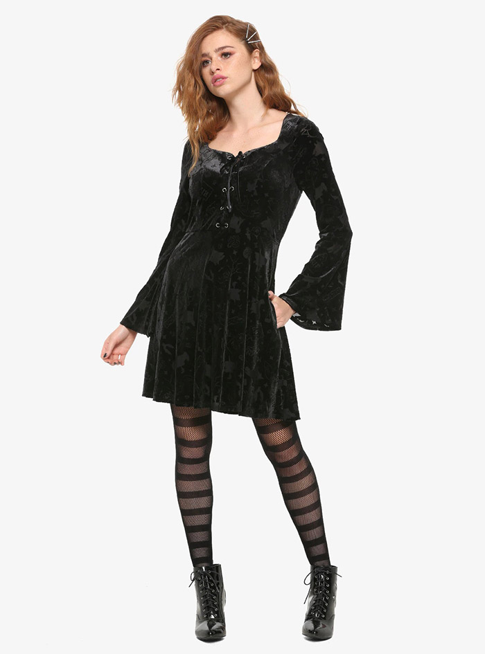 Hocus Pocus Clothing Collection Black Velvet Sleeve Dress full view