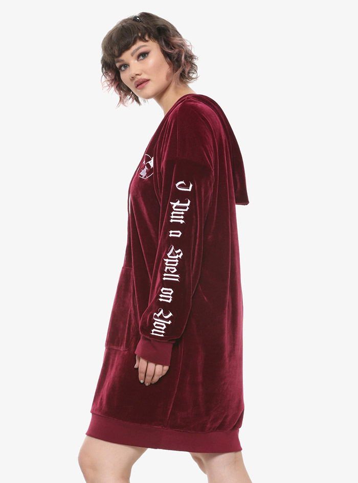 Hocus Pocus Clothing Collection Maroon Velour Lace-Up Hoodie Dress Plus Size Sleeve Embroidery