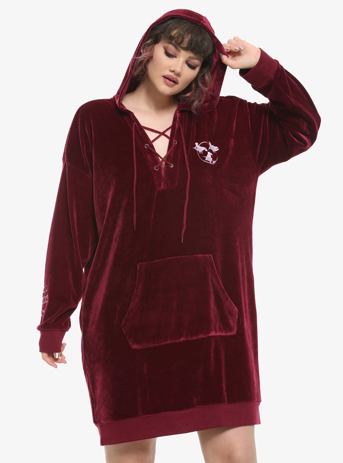 Hocus Pocus Clothing Collection Maroon Velour Lace-Up Hoodie Dress Plus Size