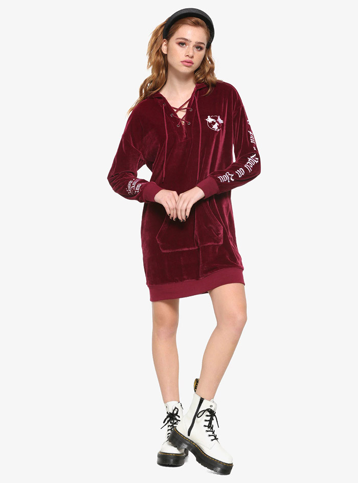 Hocus Pocus Clothing Collection Maroon Velour Lace-Up Hoodie on model