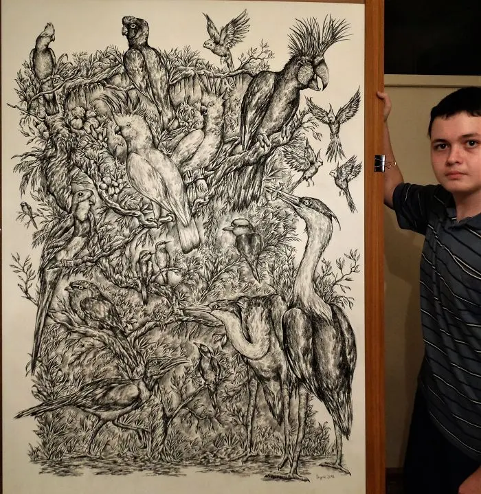 Krtolica Showing His Drawing of Various Birds 2