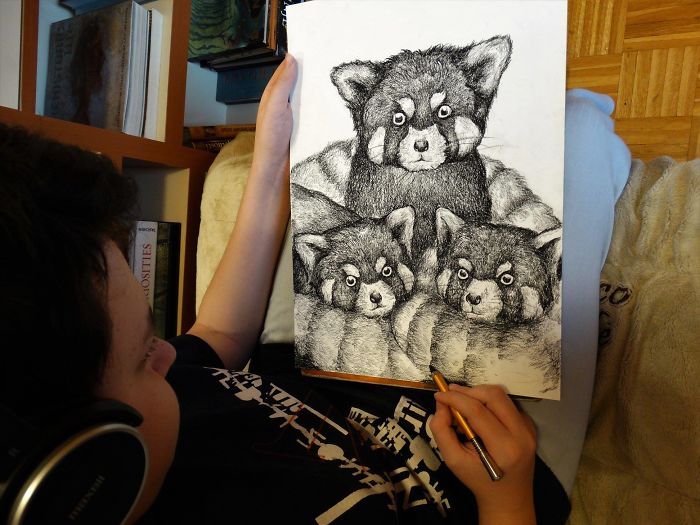 Krtolica Working on His Drawing of Three Dogs