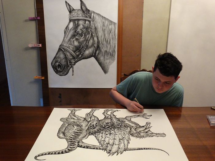 Krtolica Working on His Drawing of Various Dinosaurs