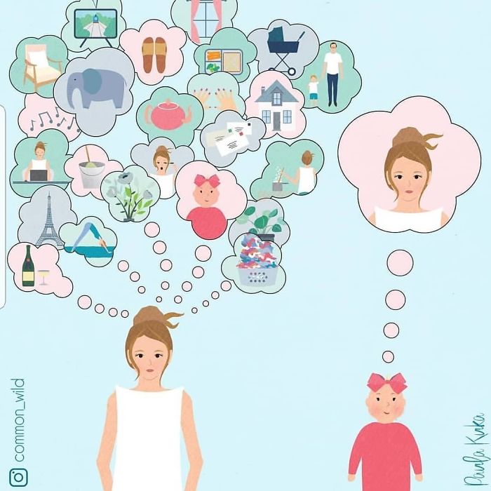 Mother Thinking of a Lot of Things Versus Baby Thinking Only of Her Mother Illustration