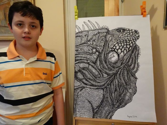 Twelve-year-old Dusan Krtolica with His Drawing of a Reptile