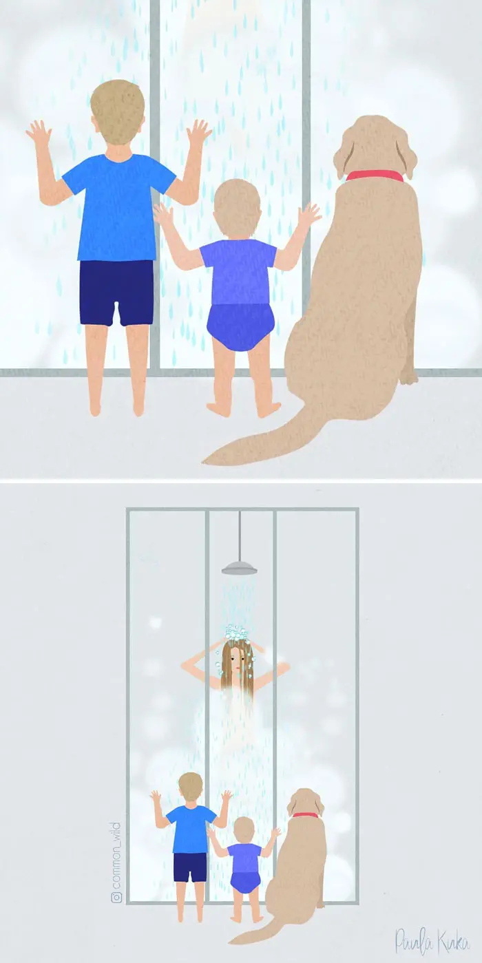 Two Kids and a Dog Waiting for Their Mother in the Shower Illustrations