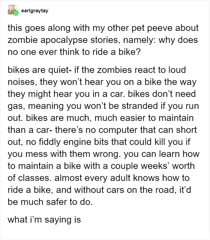 earlgraytay Tumblr Post about Riding a Bike during a Zombie Apocalypse