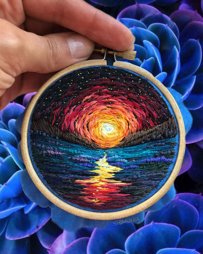 embroidery painting moon reflection