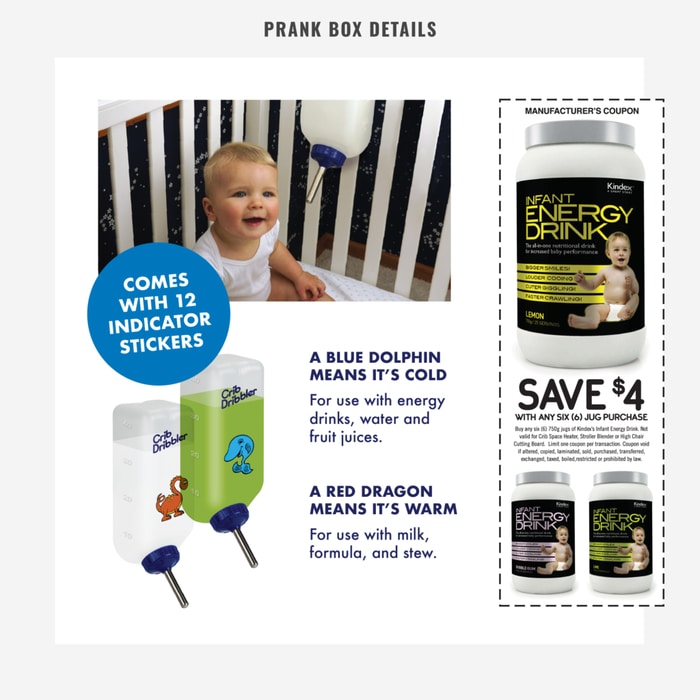 Crib Dribbler Prank Gift Box Product Details Indicator Stickers