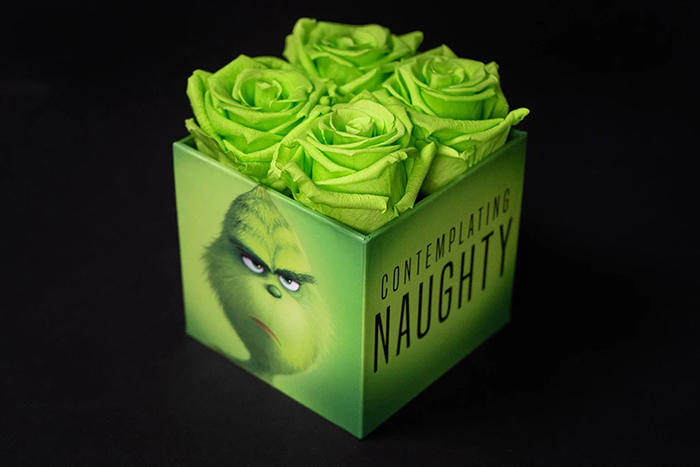 Grinch-Inspired Roses frowning + contemplating naughty