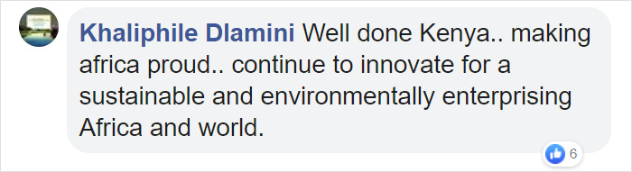 Khaliphile Dlamini Facebook Comment about the Installtion of Solar Power Water Transforming Plant in Kenya