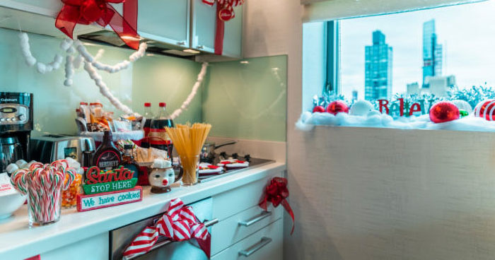 in-suite kitchen loaded with holiday treats