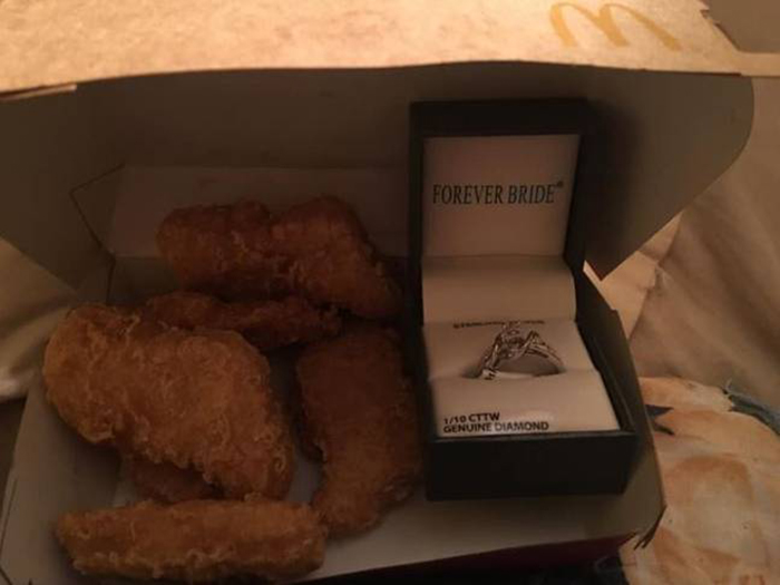 proposal ring hidden inside chicken nugget box