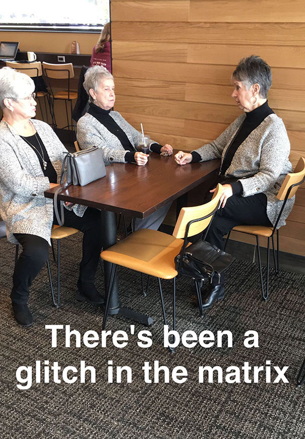 three elderly ladies in matching outfits