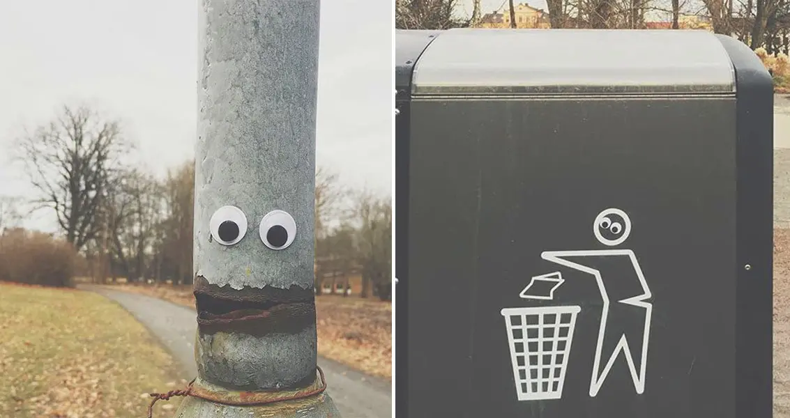 Googly eyes on outdoor objects