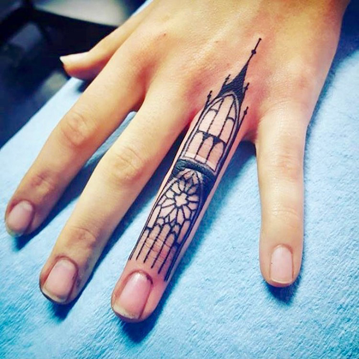 Gothic Architecture Tattoo on Left Ring Finger