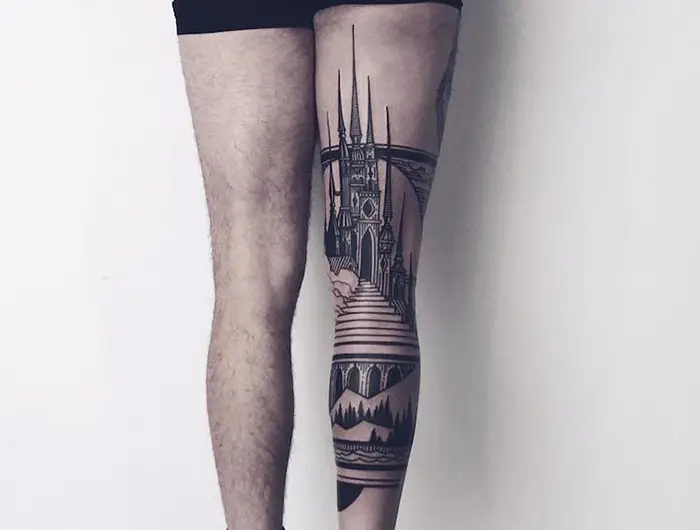 Gothic Architecture Tattoo on Right Leg