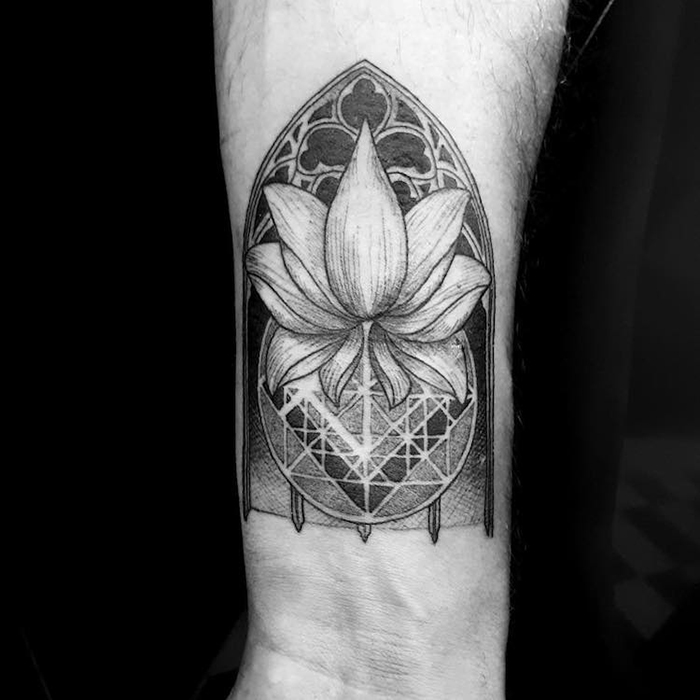 Lotus with Architectural Background Tattoo on Wrist