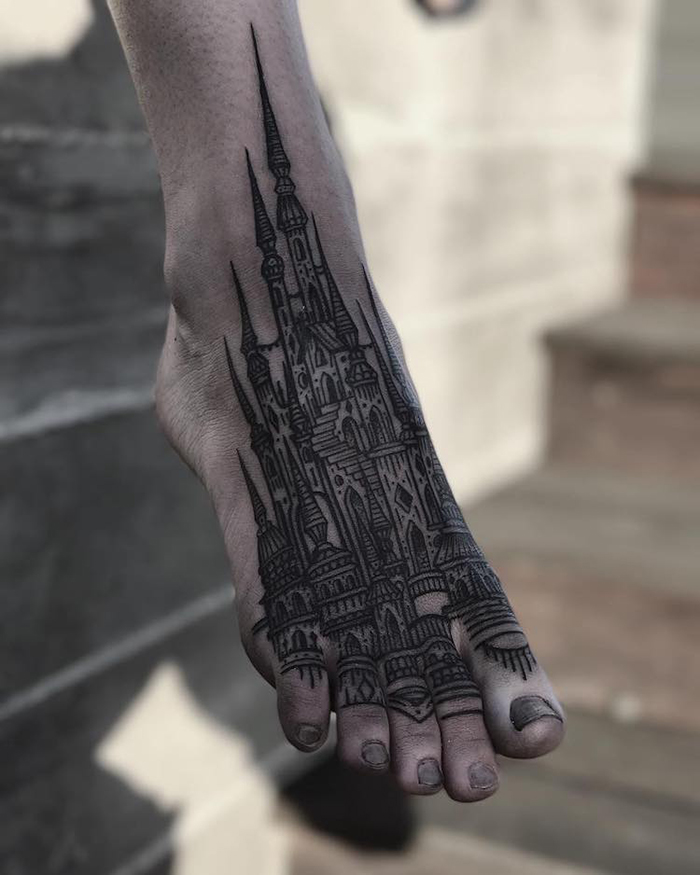 Medieval Architecture Tattoo on Feet