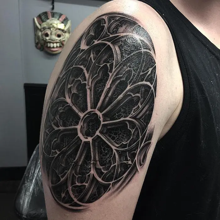 Closed Casket Custom Tattoos  artbybrandonsmith Another rose window  filler piece from the other week Please contact InfoClosedCasketca for  booking information closedcaskettattoos closedcaskettattoos  artbybrandonsmith tattoo tattoos 