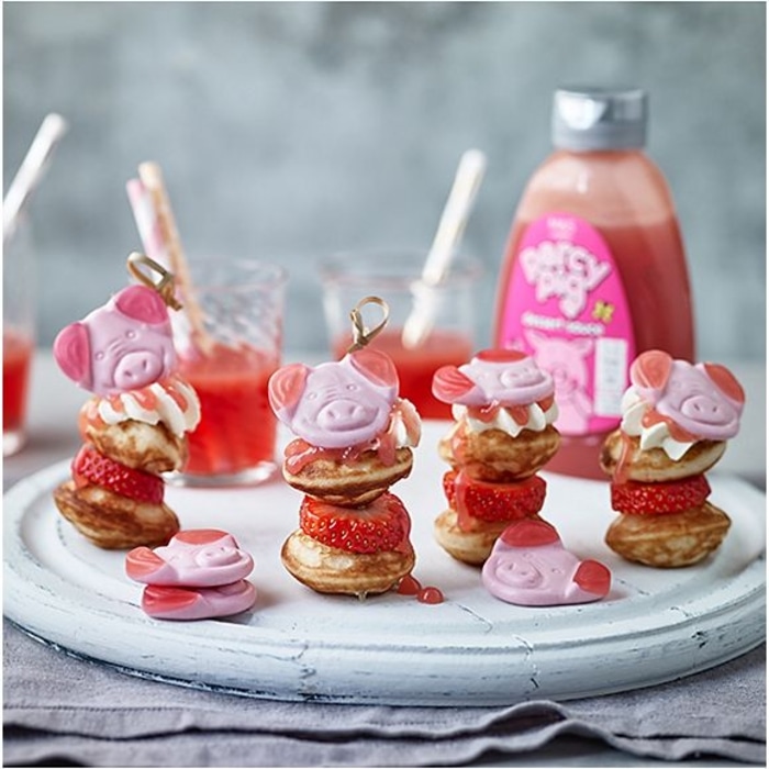 Mini Pancakes Topped with Percy Pig Sauce and Gummy