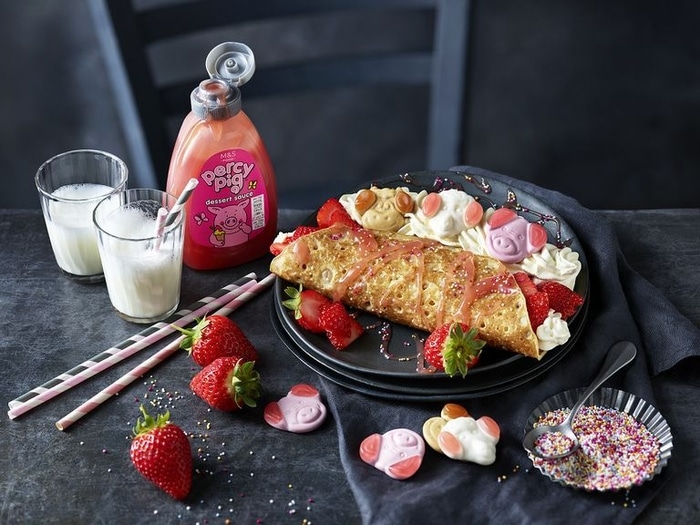 Pancake with Strawberries and Percy Pig Sauce