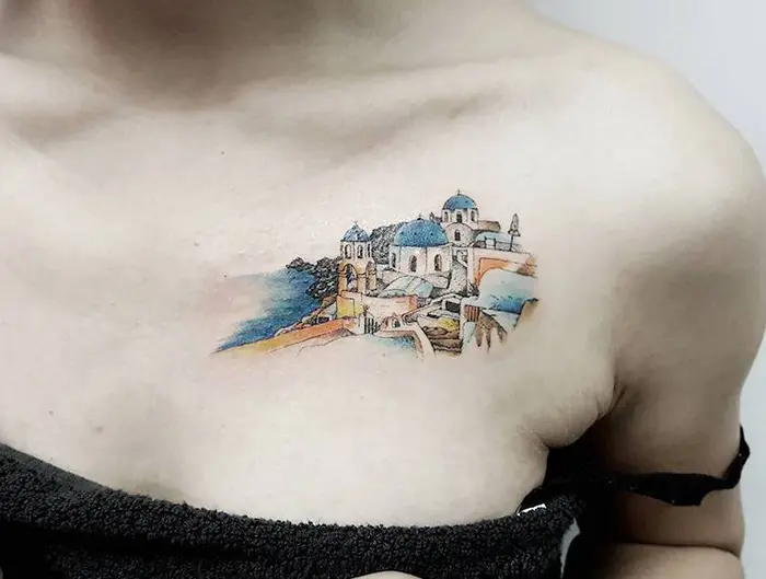 Santorini Greece Architecture Tattoo on Chest