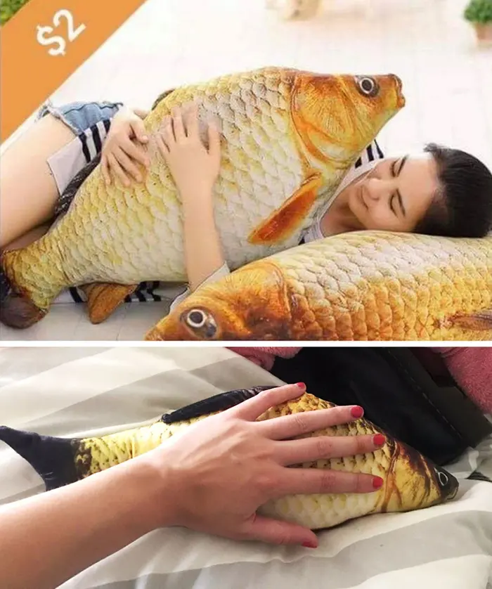 Shopping Disasters Fish Pillow Product Photo Versus Actual Product