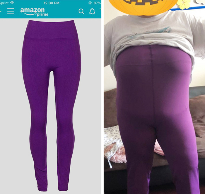 Shopping Disasters Purple Leggings Product Photo Versus Actual Fit