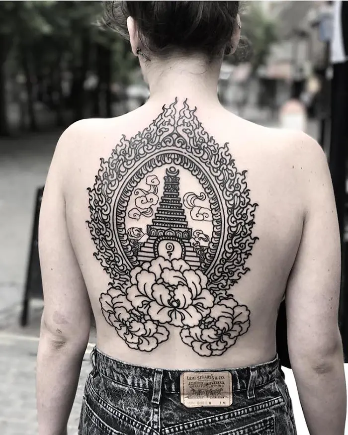 Temple Architecture Tattoo on Back