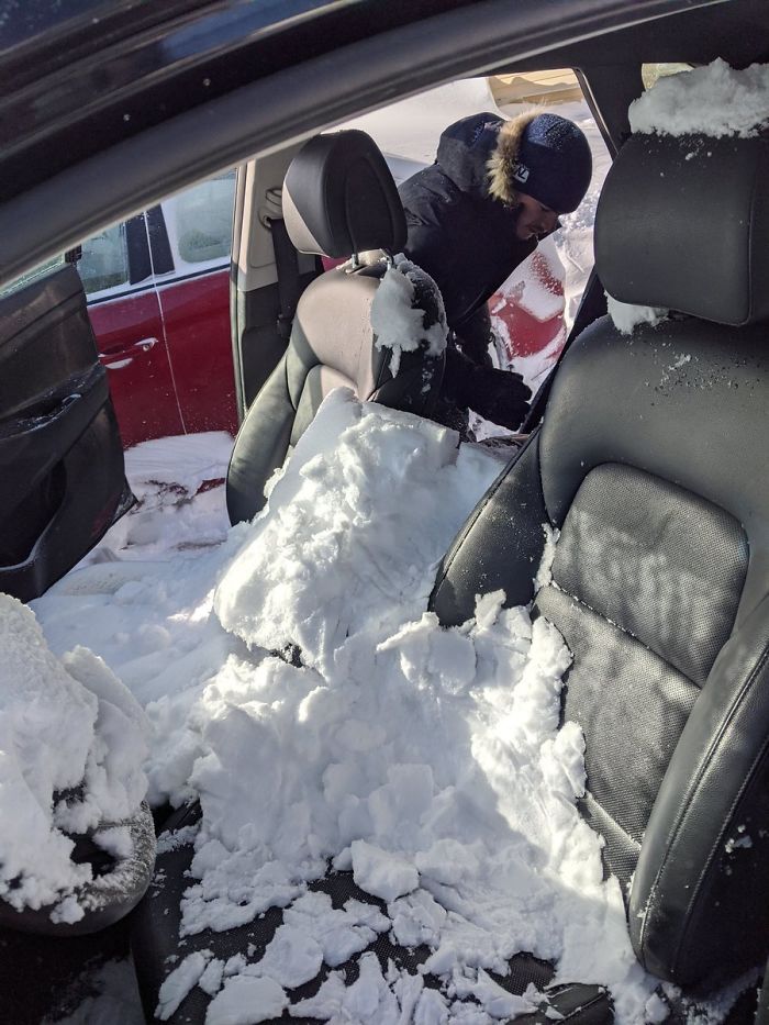 canada blizzard snow inside car