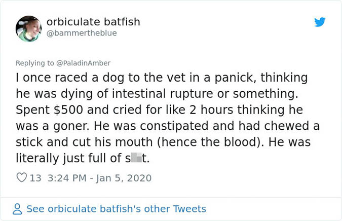 guy panics thinking his pet was dying but in reality the dog was just constipated