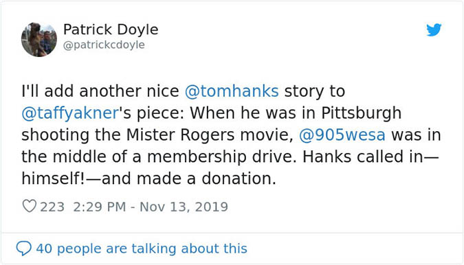 hanks donated to a membership drive while shooting mrs rogers