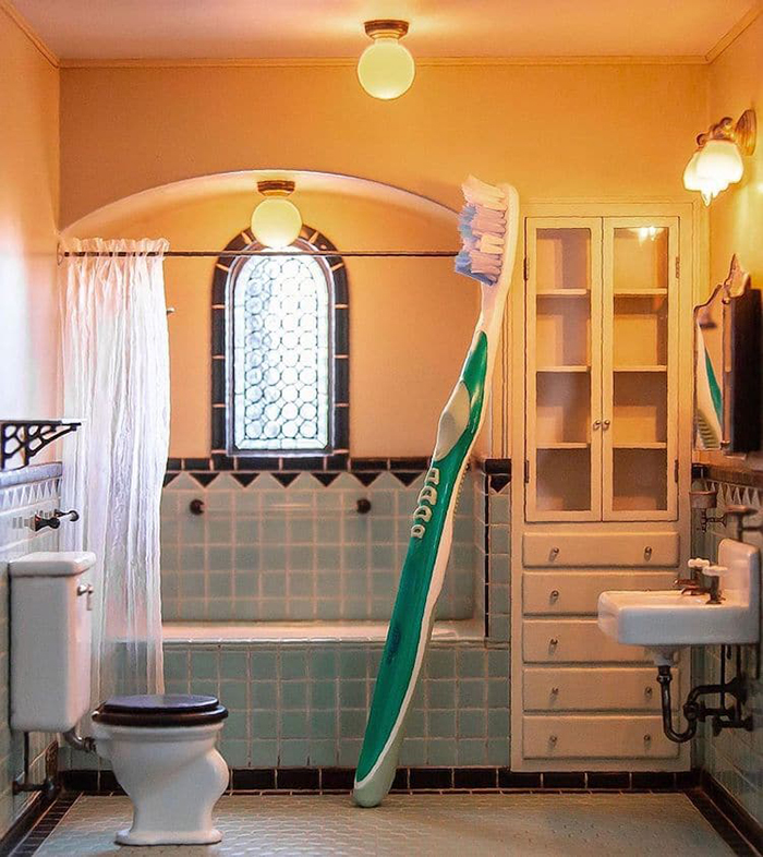 miniature bathroom with toothbrush