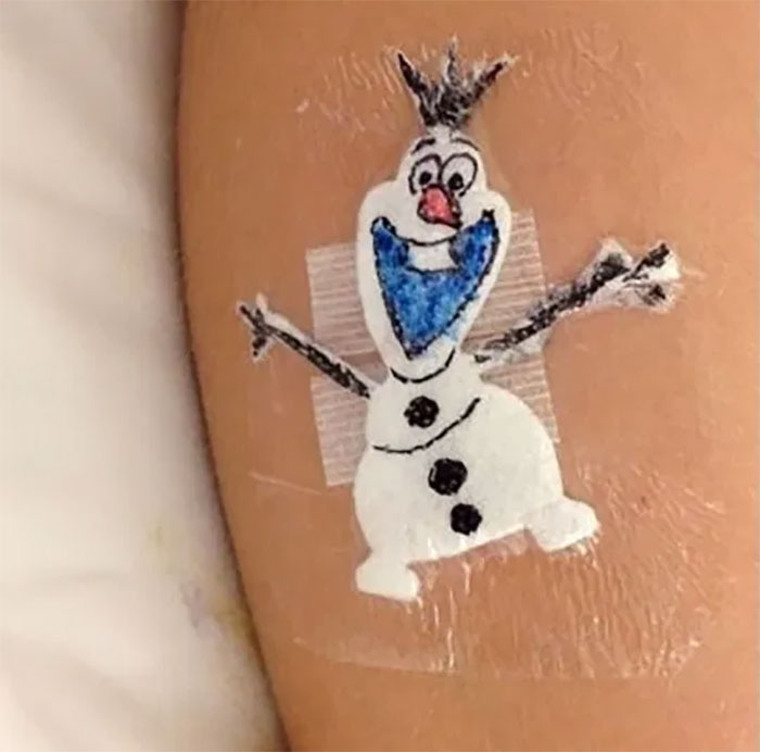 overjoyed Olaf on dressing bandage