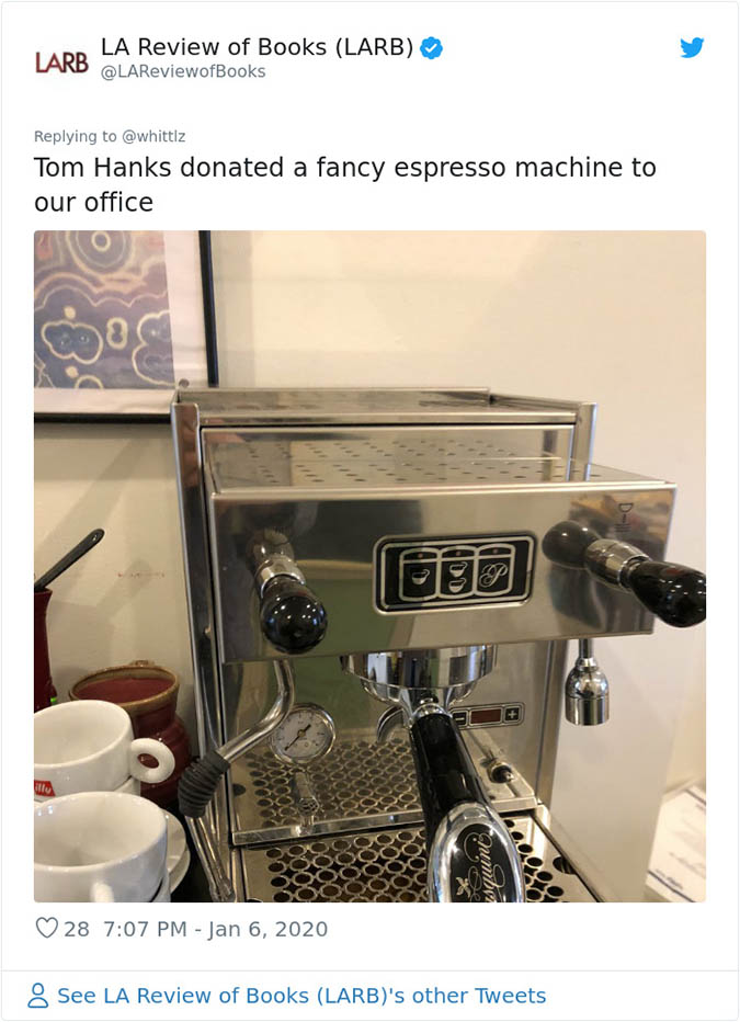 tom hanks donated a fancy espresso machine