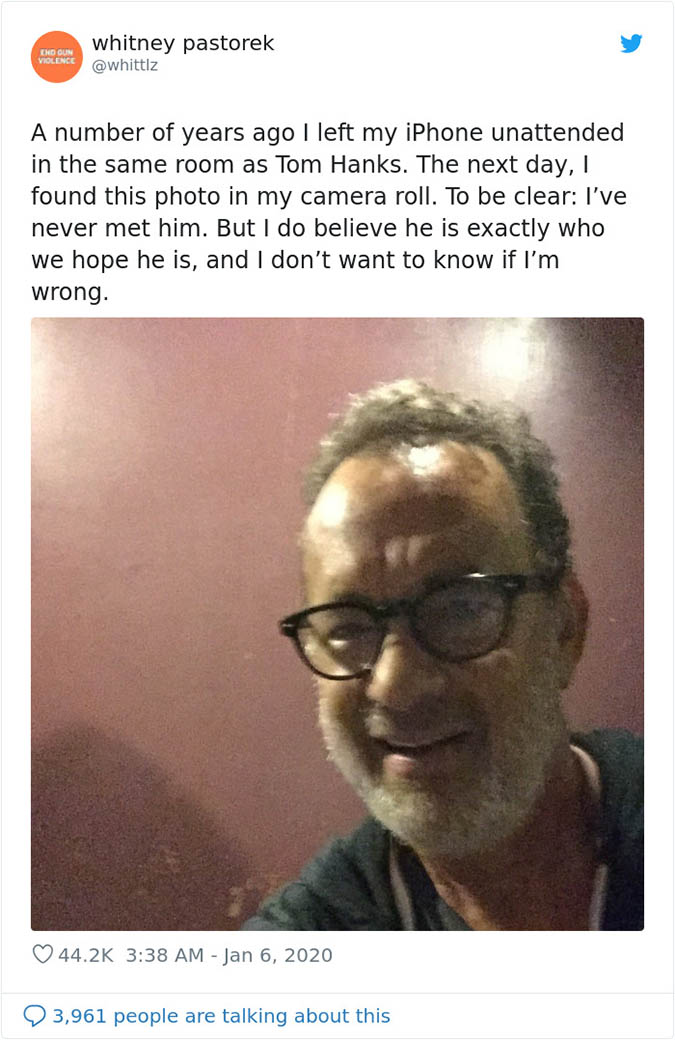 tom hanks leaves a selfie on a phone someone left behind